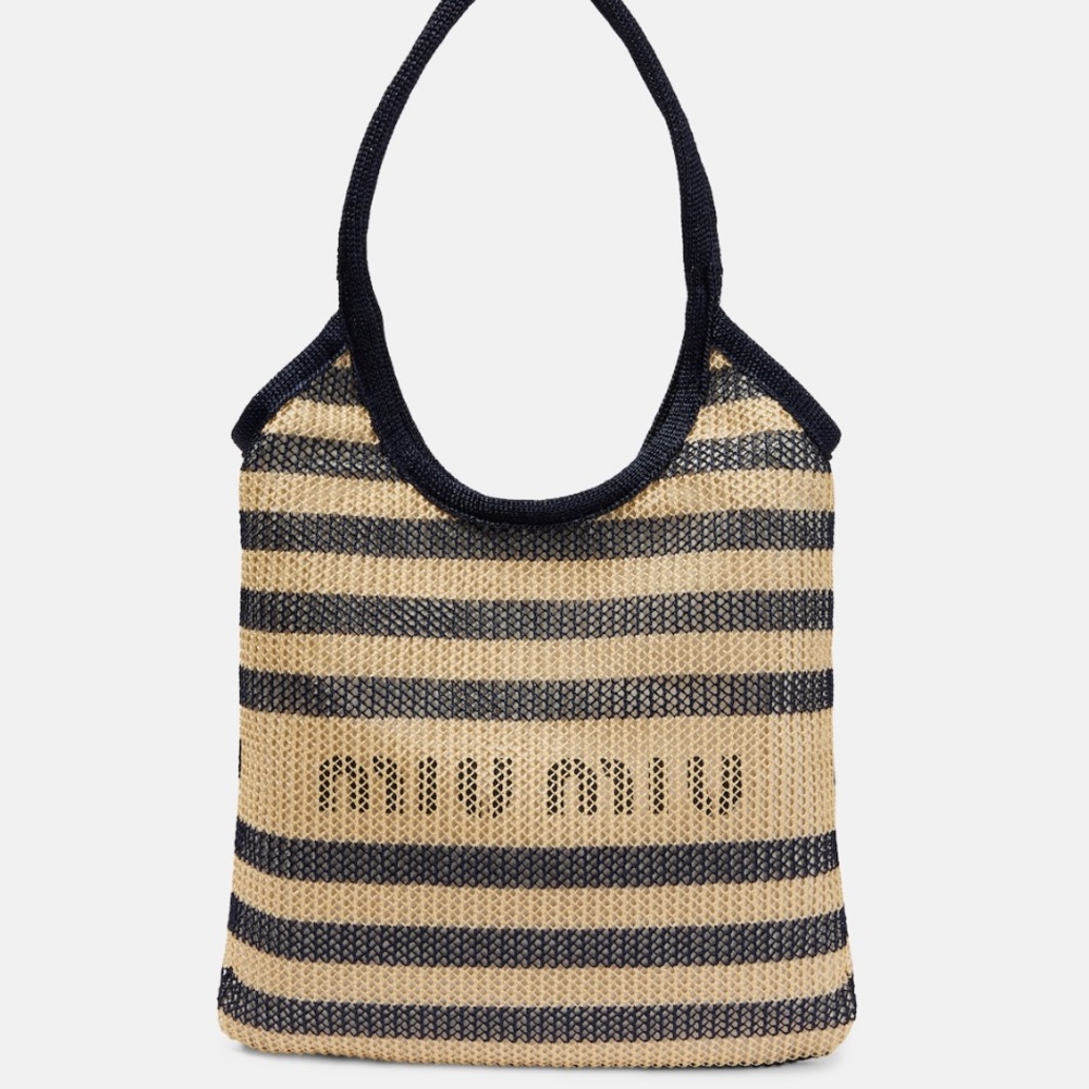 Miu Miu Logo Raffia Effect Tote Bag